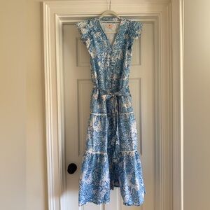 Smockingbird Blue and White Floral Maxi Dress